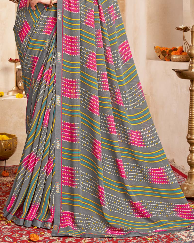Vishal Prints Smokey Grey Printed Georgette Saree With Fancy Border