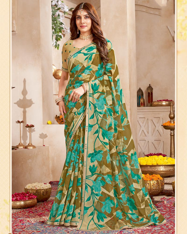 Vishal Prints Pastel Yellow Printed Georgette Saree With Fancy Border