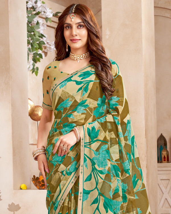 Vishal Prints Pastel Yellow Printed Georgette Saree With Fancy Border