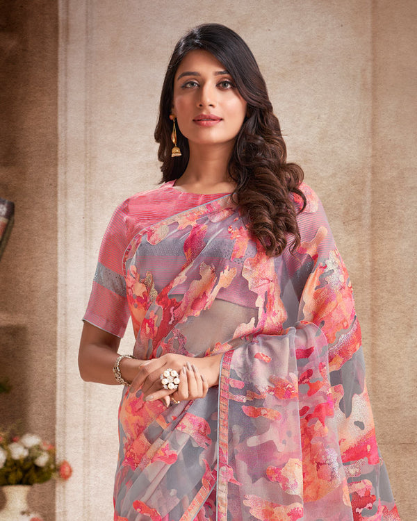 Vishal Prints Pastel Red Tissue Brasso Digital Print Saree With Tassel And Core Piping