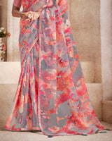 Vishal Prints Pastel Red Tissue Brasso Digital Print Saree With Tassel And Core Piping