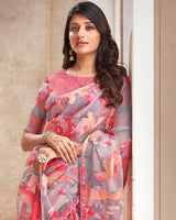 Vishal Prints Pastel Red Tissue Brasso Digital Print Saree With Tassel And Core Piping