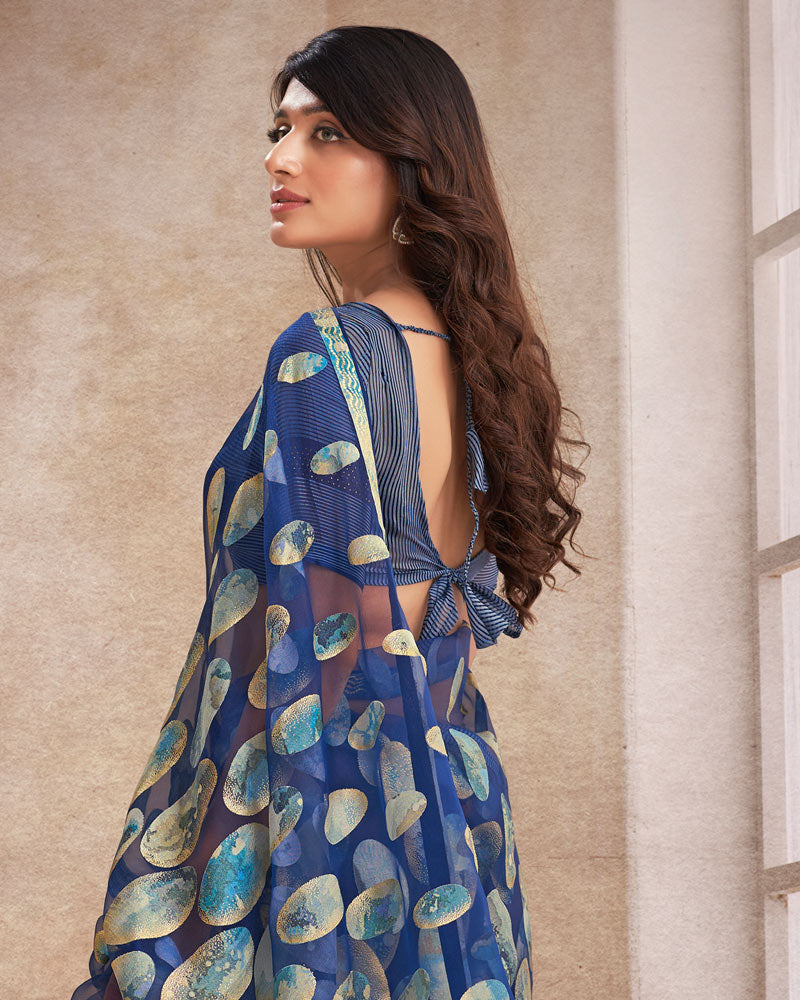 Vishal Prints Navy Blue Tissue Brasso Digital Print Saree With Tassel And Core Piping
