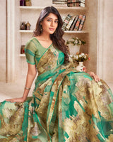 Vishal Prints Aqua Green Tissue Brasso Digital Print Saree With Tassel And Core Piping