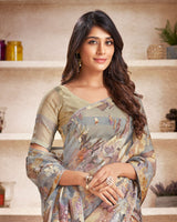 Vishal Prints Grey Tissue Brasso Digital Print Saree With Tassel And Core Piping