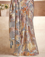 Vishal Prints Grey Tissue Brasso Digital Print Saree With Tassel And Core Piping