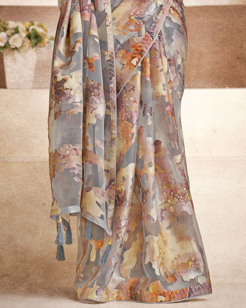 Vishal Prints Grey Tissue Brasso Digital Print Saree With Tassel And Core Piping