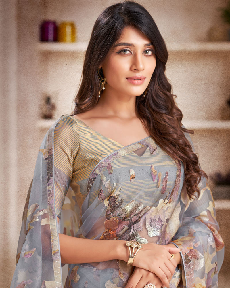 Vishal Prints Grey Tissue Brasso Digital Print Saree With Tassel And Core Piping