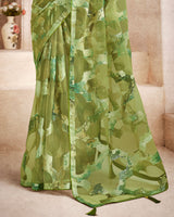 Vishal Prints Olive Green Tissue Brasso Digital Print Saree With Tassel And Core Piping
