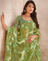 Vishal Prints Olive Green Tissue Brasso Digital Print Saree With Tassel And Core Piping