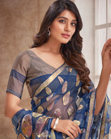 Vishal Prints Dark Blue Tissue Brasso Digital Print Saree With Tassel And Core Piping