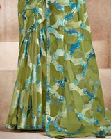 Vishal Prints Mehandi Green Tissue Brasso Digital Print Saree With Tassel And Core Piping