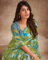 Vishal Prints Mehandi Green Tissue Brasso Digital Print Saree With Tassel And Core Piping