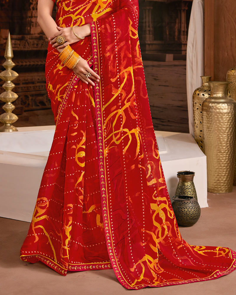 Vishal Prints Milano Red Printed Fancy Chiffon Saree With Foil Print And Embroidery Border