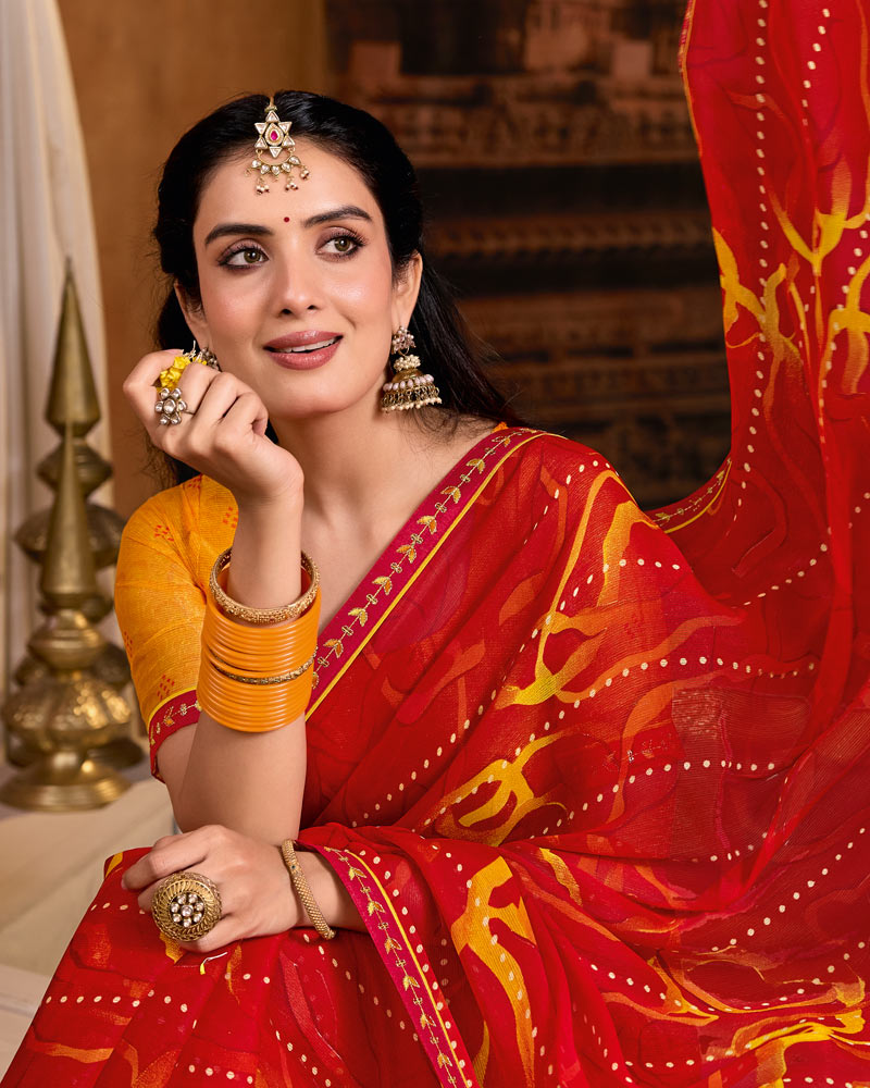 Vishal Prints Milano Red Printed Fancy Chiffon Saree With Foil Print And Embroidery Border