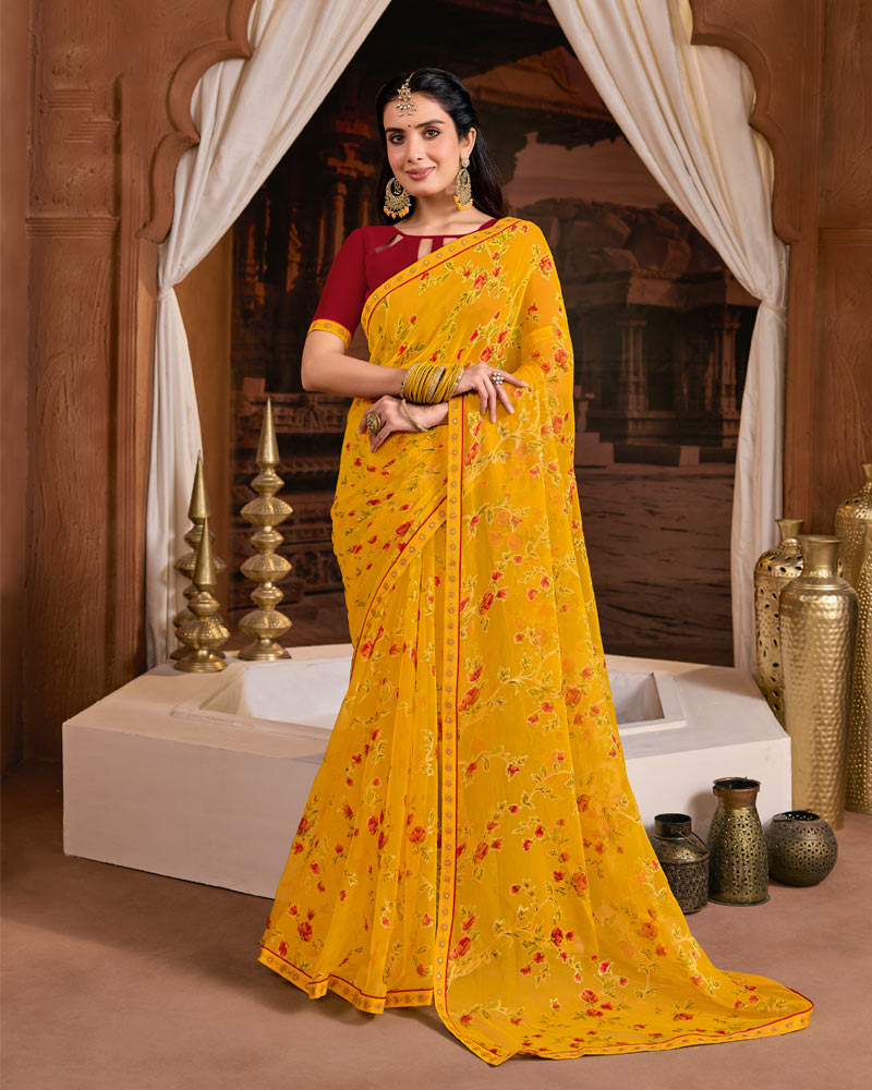 Vishal Prints Burnt Yellow Printed Chiffon-Brasso Saree With Fancy Embroidery Border