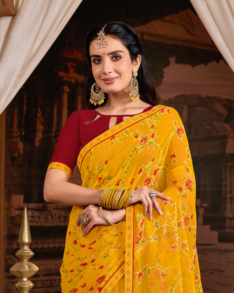 Vishal Prints Burnt Yellow Printed Chiffon-Brasso Saree With Fancy Embroidery Border