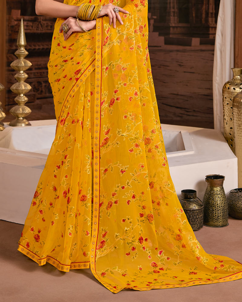 Vishal Prints Burnt Yellow Printed Chiffon-Brasso Saree With Fancy Embroidery Border