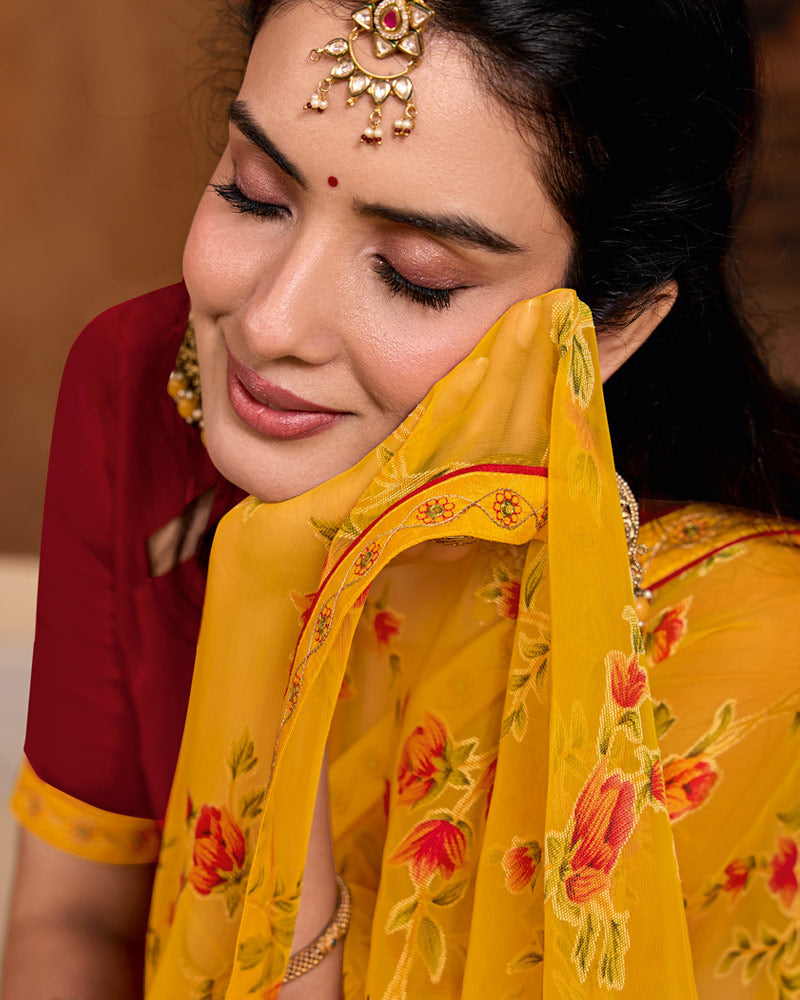 Vishal Prints Burnt Yellow Printed Chiffon-Brasso Saree With Fancy Embroidery Border