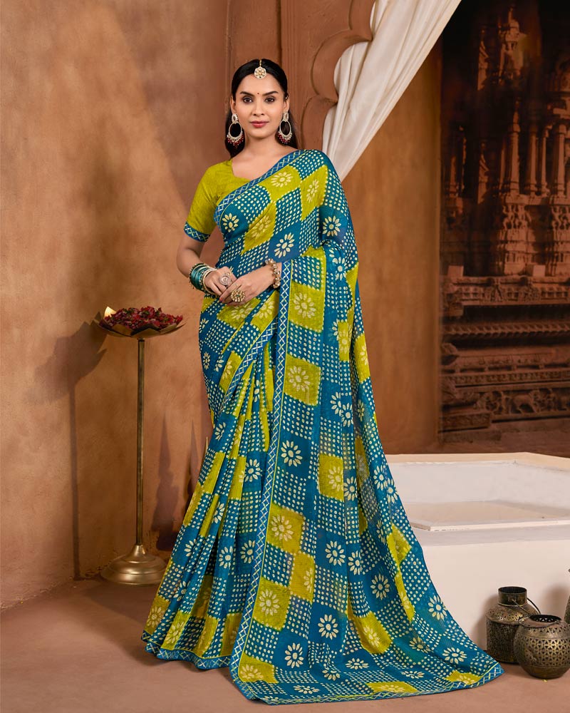 Vishal Prints Peacock Blue And Olive Yellow Printed Fancy Chiffon Saree With Fancy Embroidery Border
