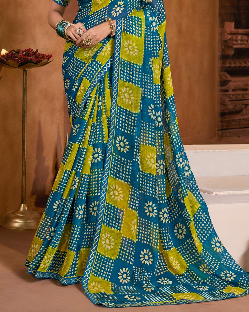 Vishal Prints Peacock Blue And Olive Yellow Printed Fancy Chiffon Saree With Fancy Embroidery Border