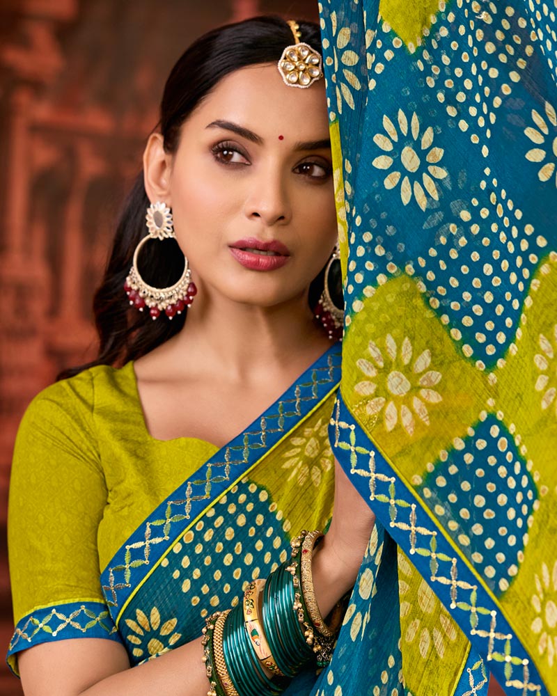 Vishal Prints Peacock Blue And Olive Yellow Printed Fancy Chiffon Saree With Fancy Embroidery Border