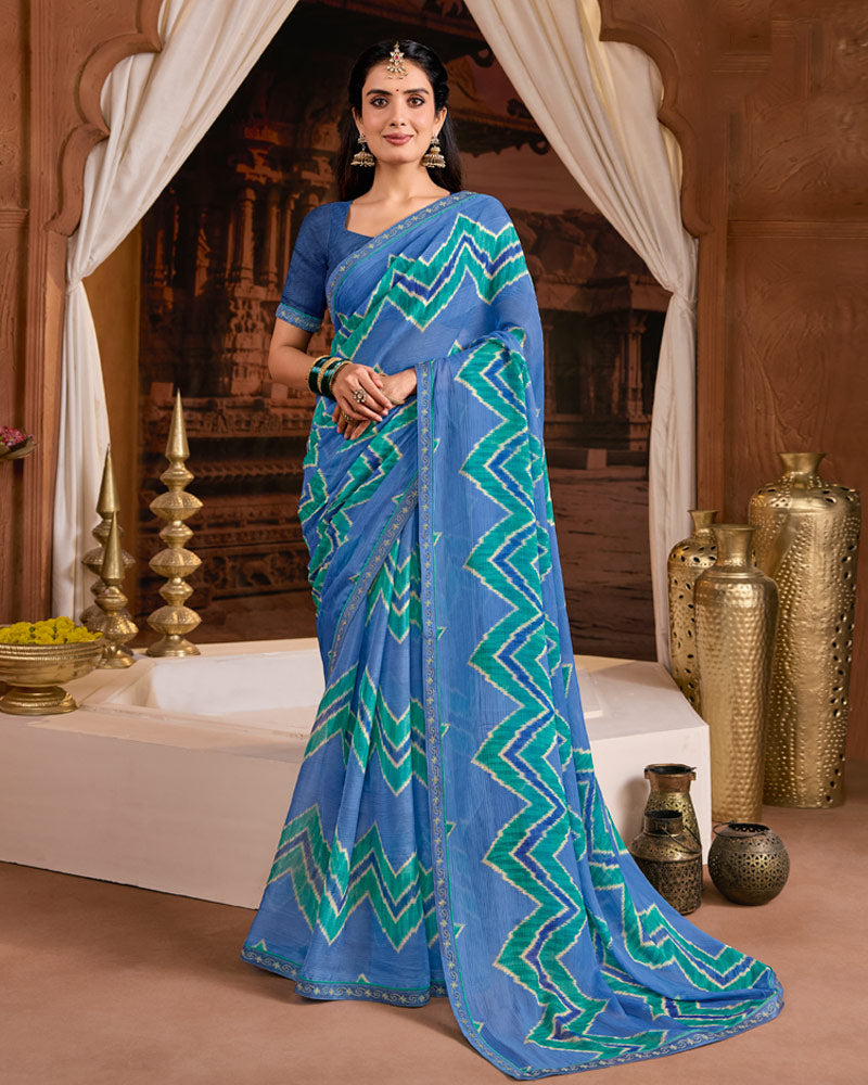 Vishal Prints Kashmir Blue Printed Fancy Chiffon Saree With Fancy Embroidery Border