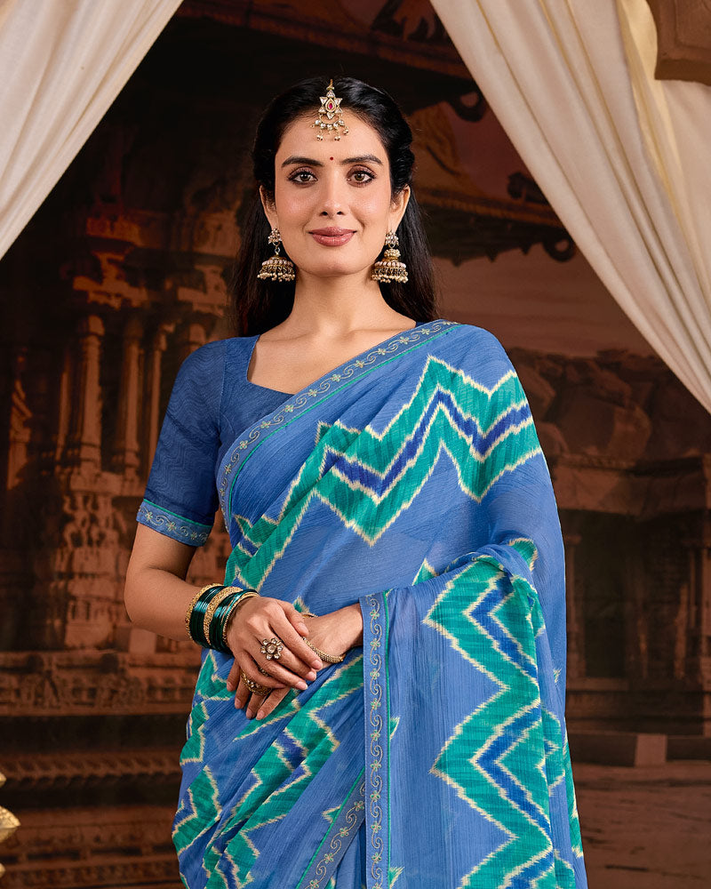 Vishal Prints Kashmir Blue Printed Fancy Chiffon Saree With Fancy Embroidery Border
