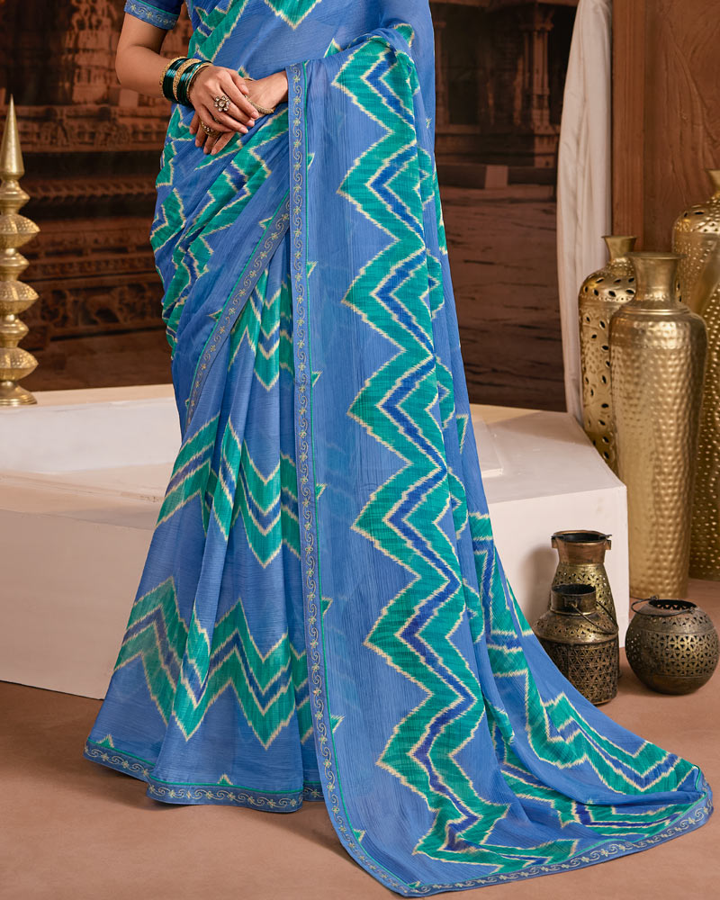 Vishal Prints Kashmir Blue Printed Fancy Chiffon Saree With Fancy Embroidery Border
