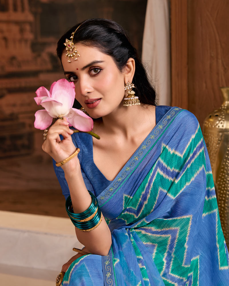 Vishal Prints Kashmir Blue Printed Fancy Chiffon Saree With Fancy Embroidery Border