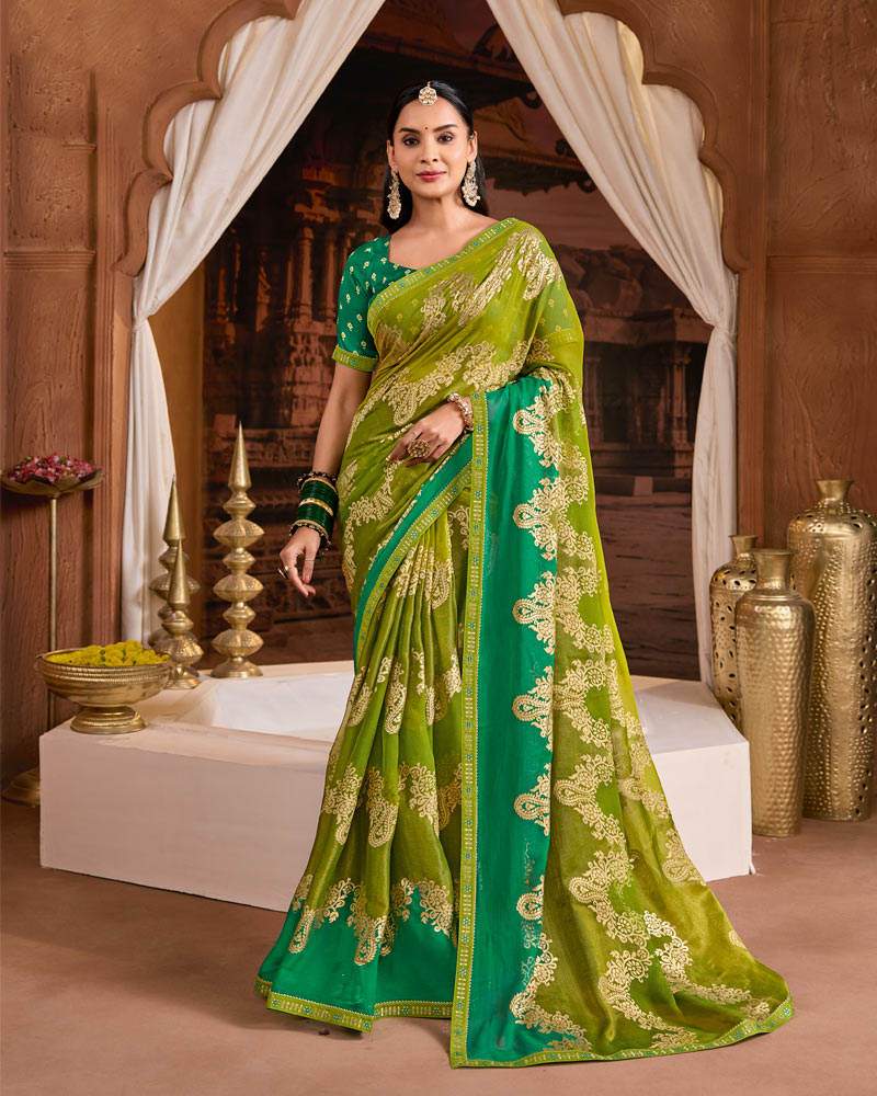 Vishal Prints Light Mehandi Green Printed Brasso Saree With Foil Print And Fancy Embroidery Border