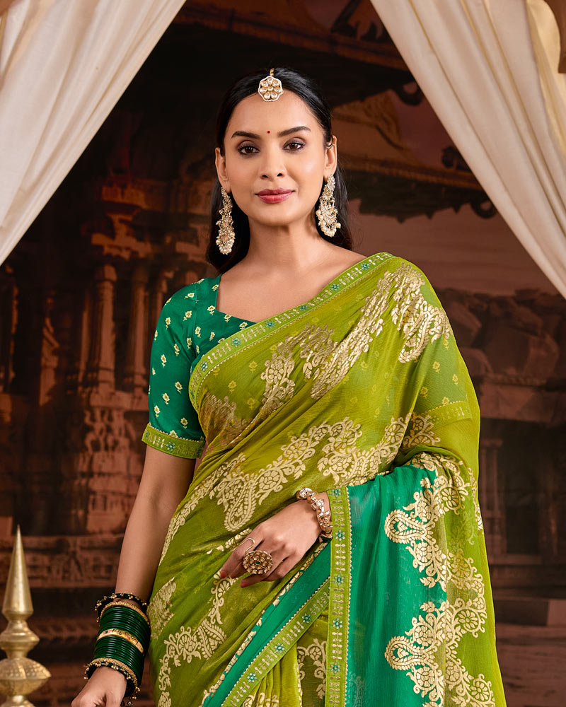 Vishal Prints Light Mehandi Green Printed Brasso Saree With Foil Print And Fancy Embroidery Border