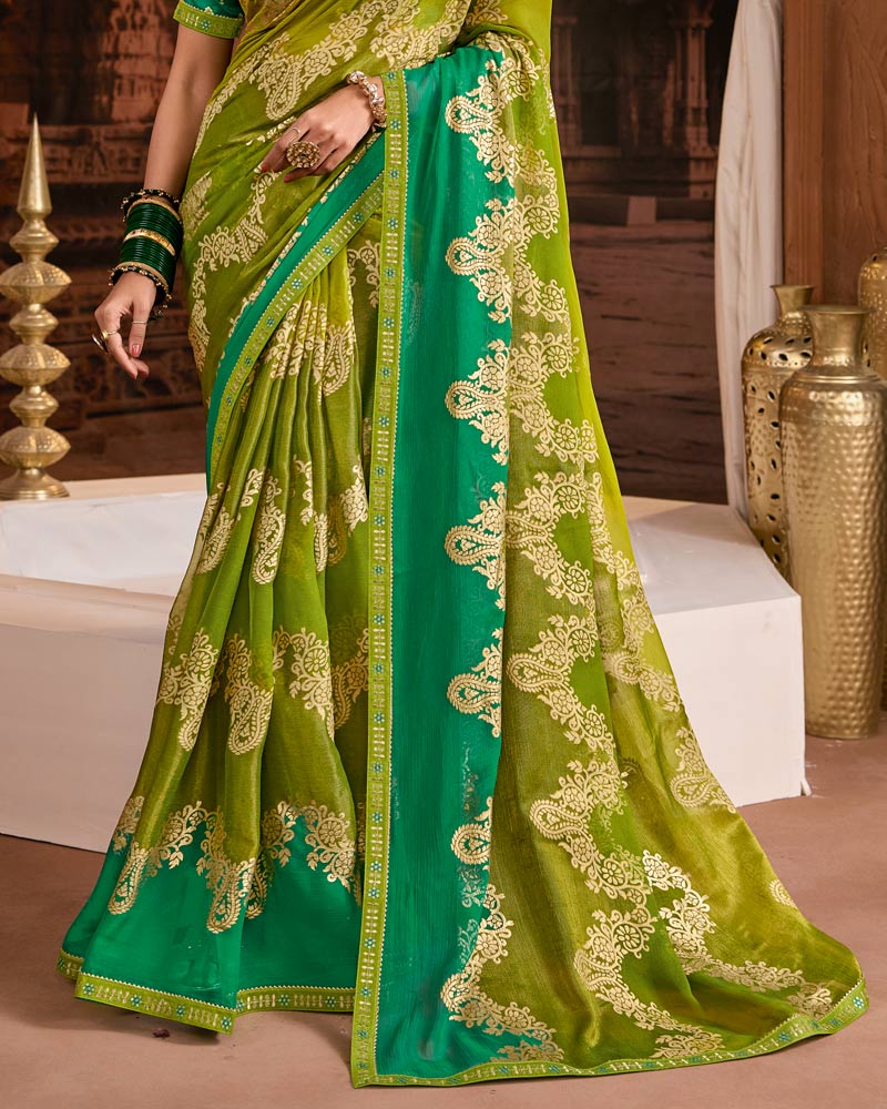 Vishal Prints Light Mehandi Green Printed Brasso Saree With Foil Print And Fancy Embroidery Border