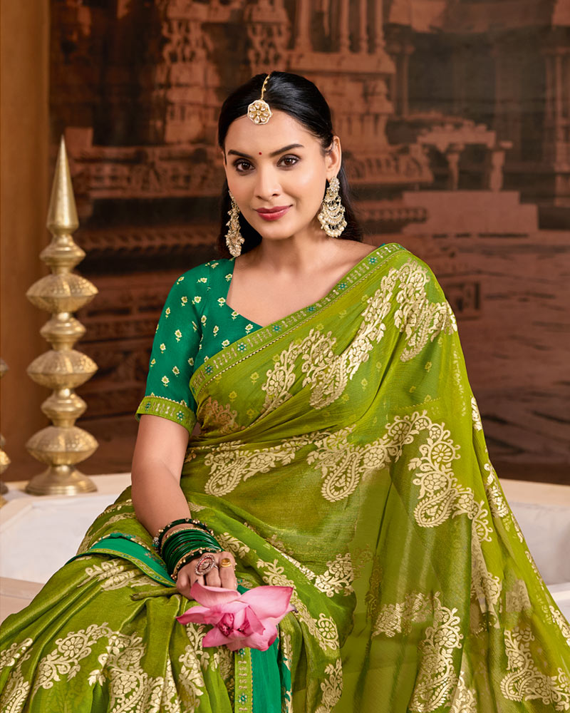 Vishal Prints Light Mehandi Green Printed Brasso Saree With Foil Print And Fancy Embroidery Border
