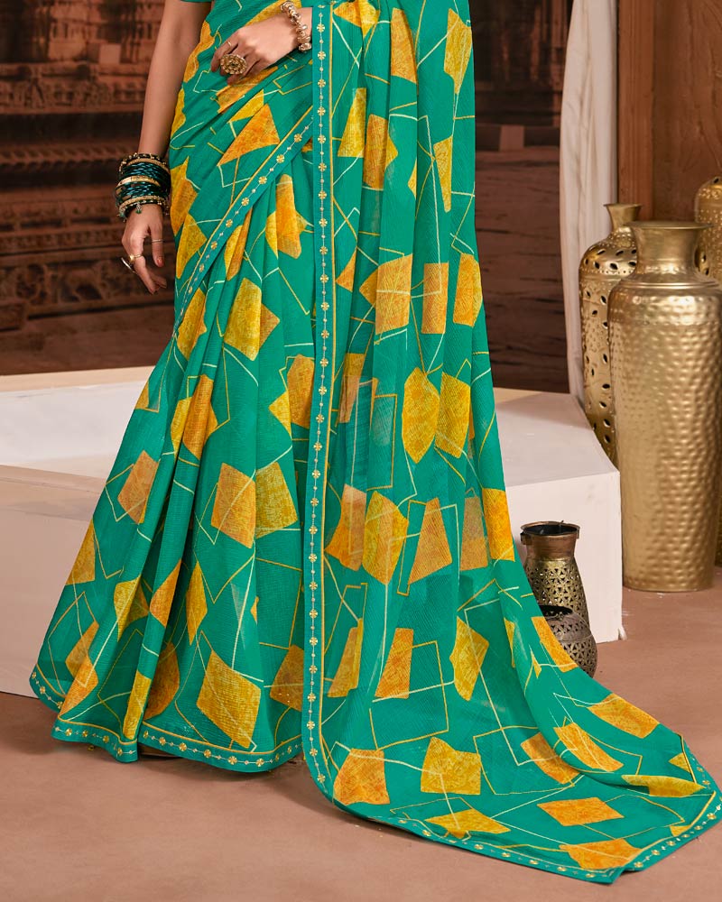 Vishal Prints Teal Green Printed Fancy Chiffon Saree With Fancy Embroidery Border
