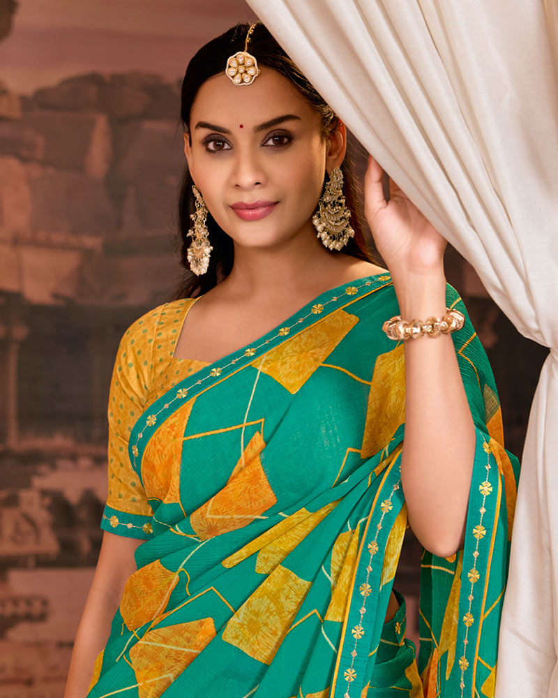 Vishal Prints Teal Green Printed Fancy Chiffon Saree With Fancy Embroidery Border