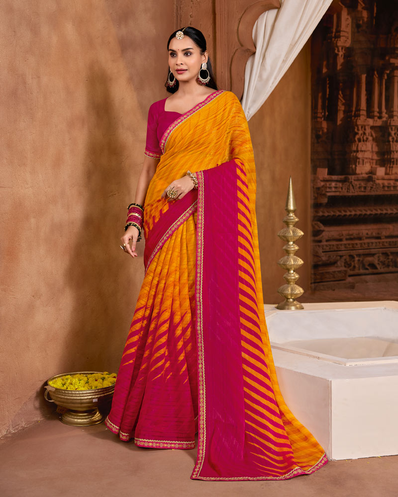 Vishal Prints Yellowish Orange Printed Fancy Chiffon Saree With Fancy Embroidery Border