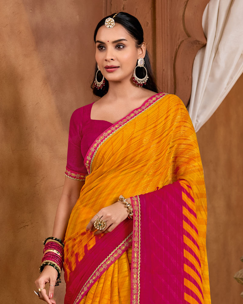 Vishal Prints Yellowish Orange Printed Fancy Chiffon Saree With Fancy Embroidery Border