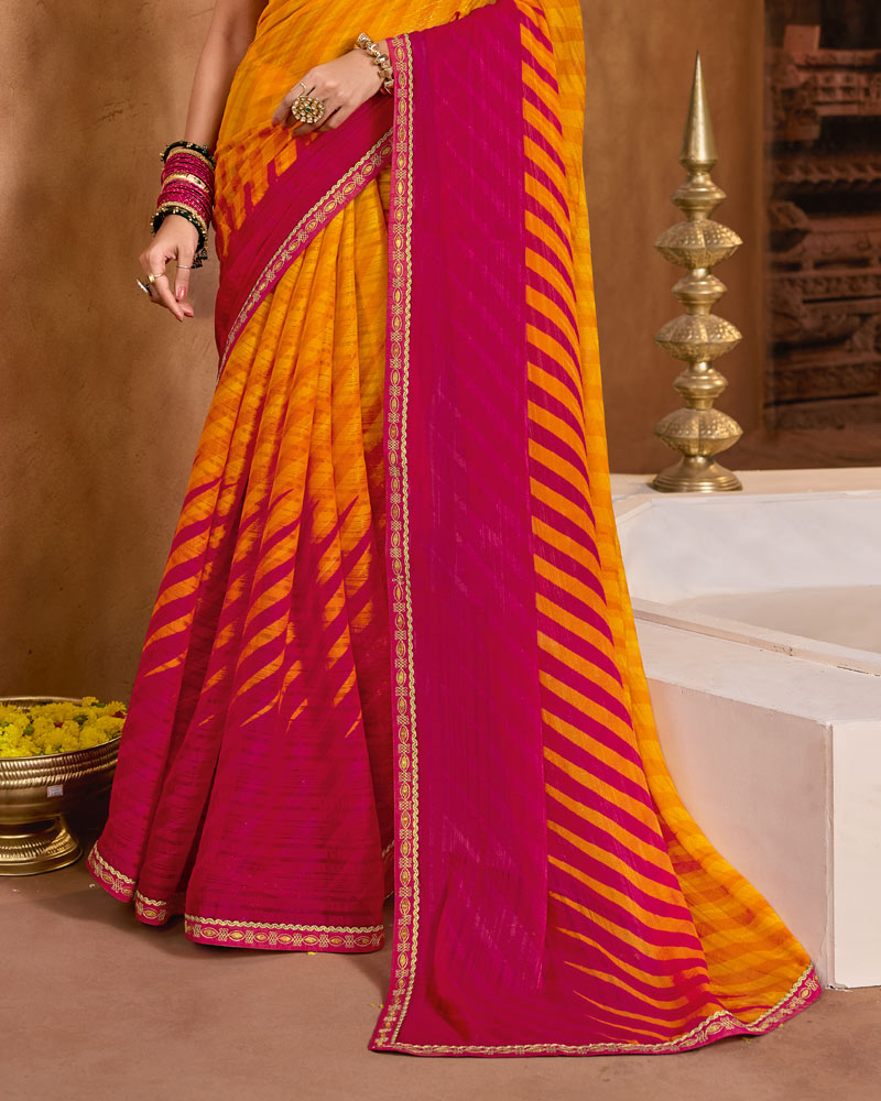 Vishal Prints Yellowish Orange Printed Fancy Chiffon Saree With Fancy Embroidery Border