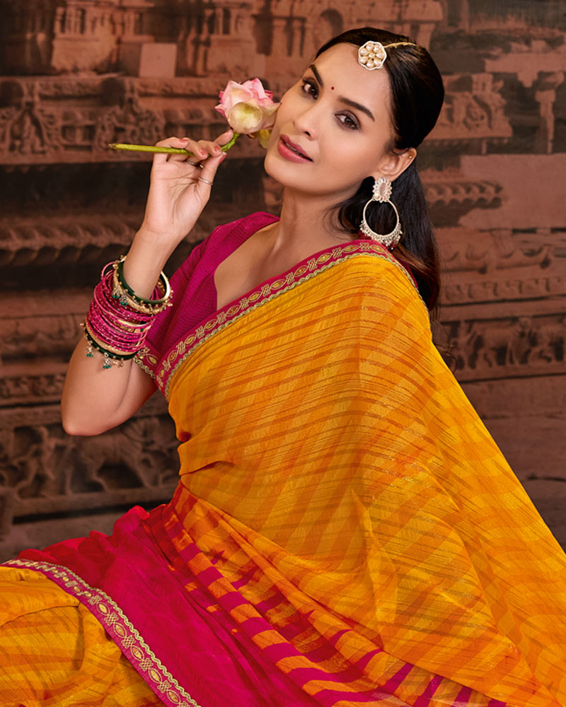 Vishal Prints Yellowish Orange Printed Fancy Chiffon Saree With Fancy Embroidery Border
