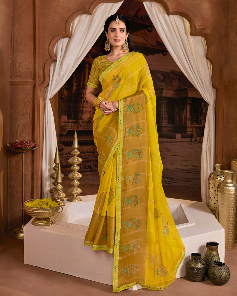 Vishal Prints Light Brownish Yellow Printed Fancy Chiffon Saree With Foil Print And Embroidery Border