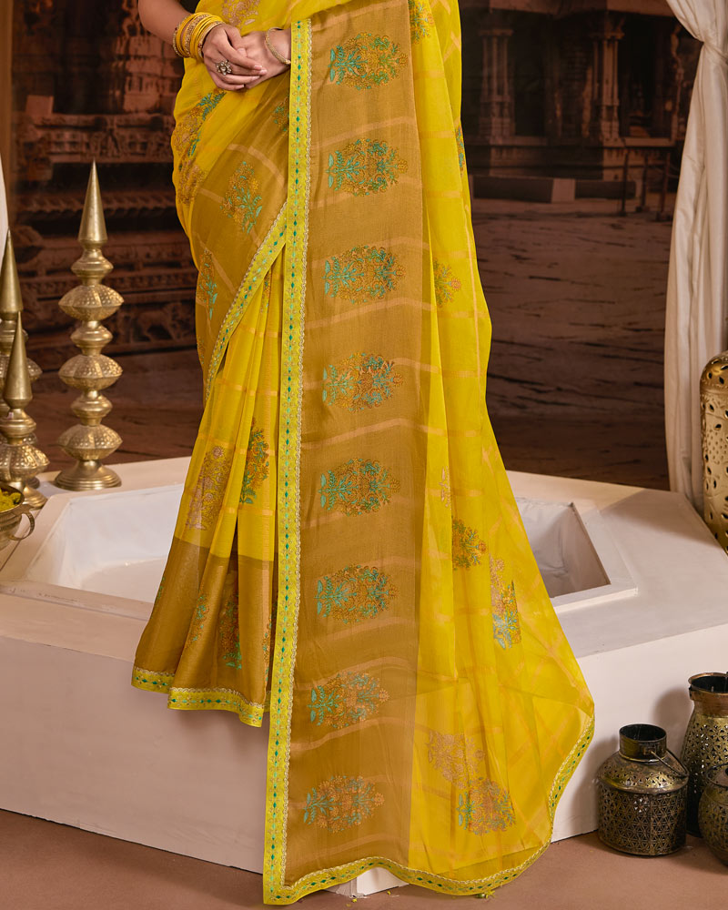 Vishal Prints Light Brownish Yellow Printed Fancy Chiffon Saree With Foil Print And Embroidery Border