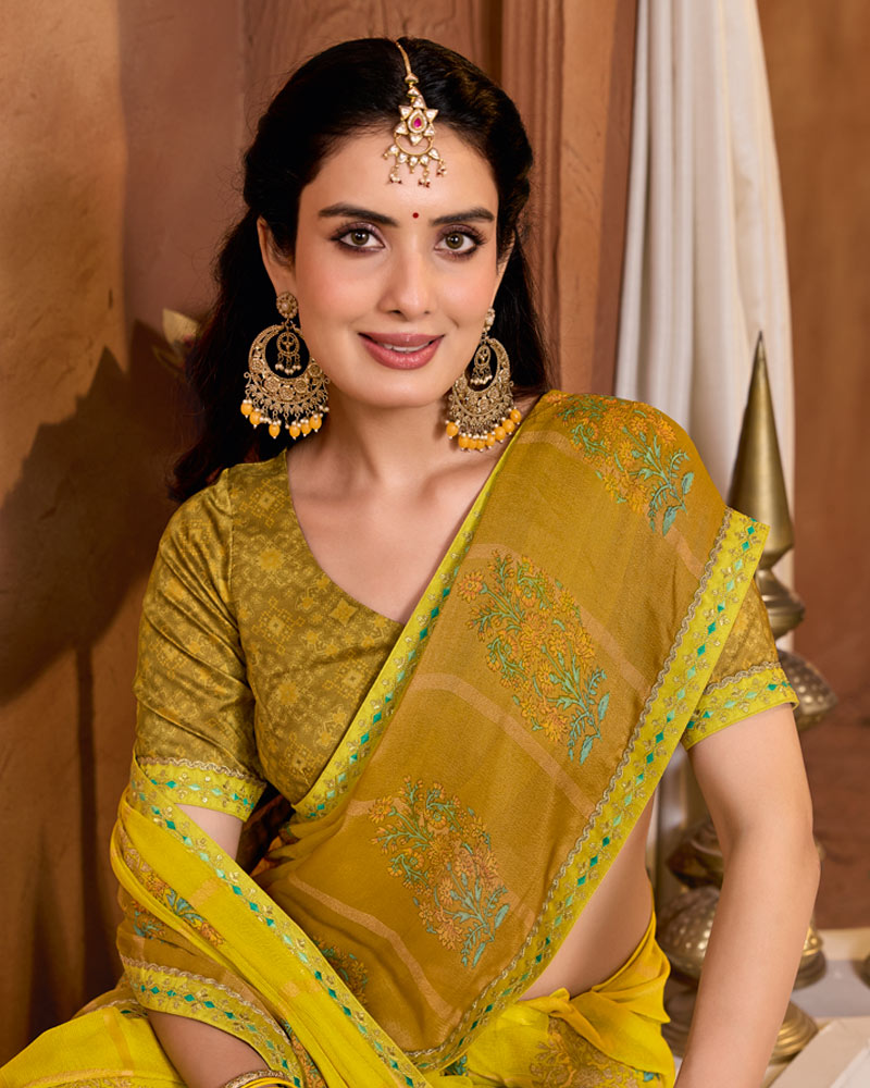 Vishal Prints Light Brownish Yellow Printed Fancy Chiffon Saree With Foil Print And Embroidery Border
