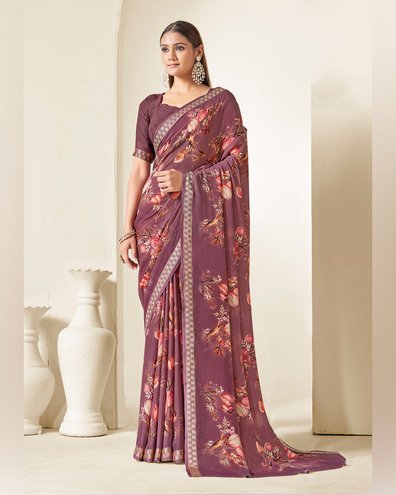 Vishal Prints Brownish Purple Criva Crepe Digital Print Saree With Weaved Viscose Patta