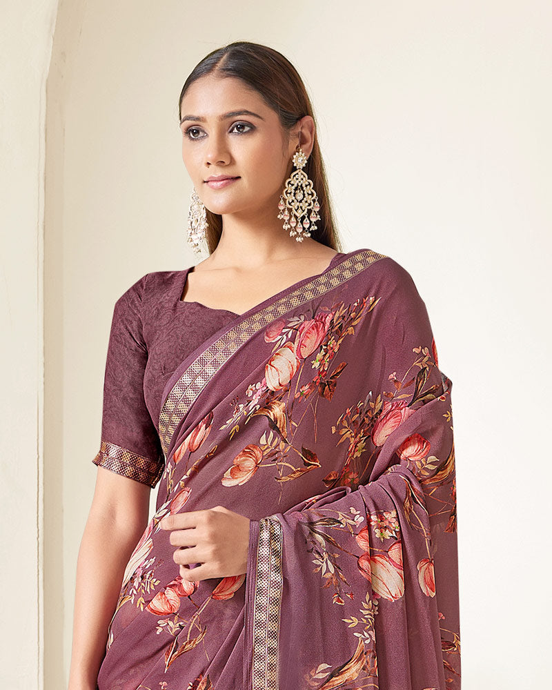 Vishal Prints Brownish Purple Criva Crepe Digital Print Saree With Weaved Viscose Patta
