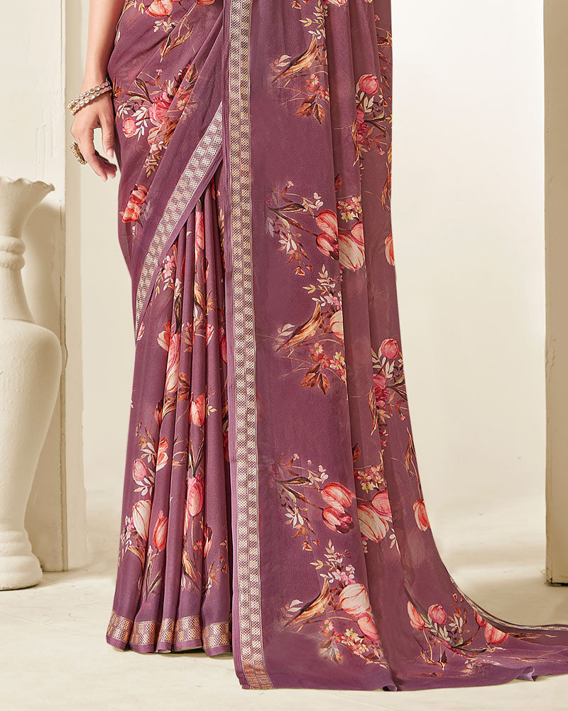 Vishal Prints Brownish Purple Criva Crepe Digital Print Saree With Weaved Viscose Patta