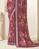 Vishal Prints Brownish Purple Criva Crepe Digital Print Saree With Weaved Viscose Patta