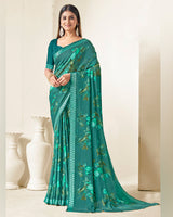 Vishal Prints Jade Green Criva Crepe Digital Print Saree With Weaved Viscose Patta