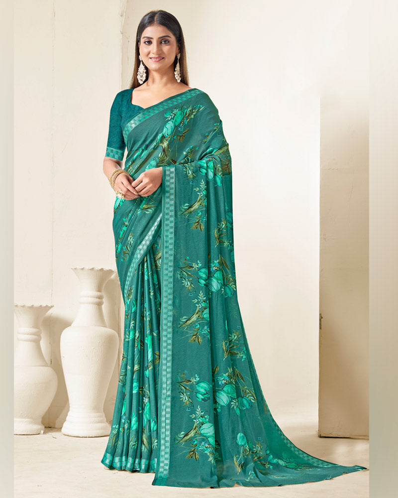 Vishal Prints Jade Green Criva Crepe Digital Print Saree With Weaved Viscose Patta
