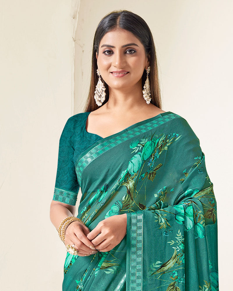 Vishal Prints Jade Green Criva Crepe Digital Print Saree With Weaved Viscose Patta